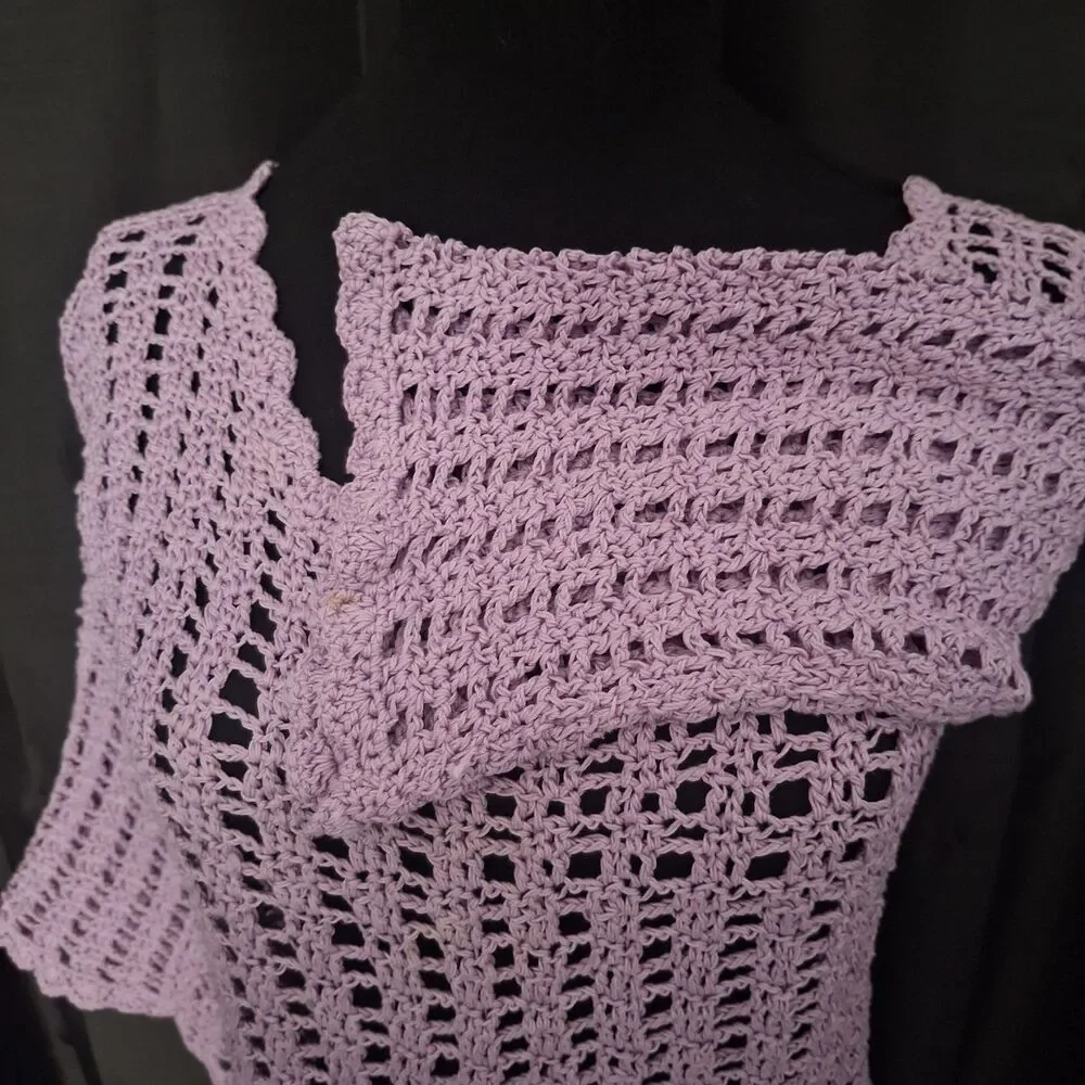 Vtg 70s purple crochet top cotton bell 3/4 sleeves scoop neck festival boho Sz S